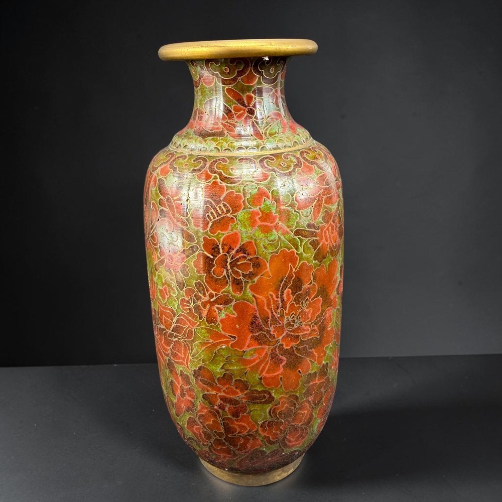 Antique Chinese Cloisonne Enamel Floral Vase Red Green Gold 6 Inch Metal Decor